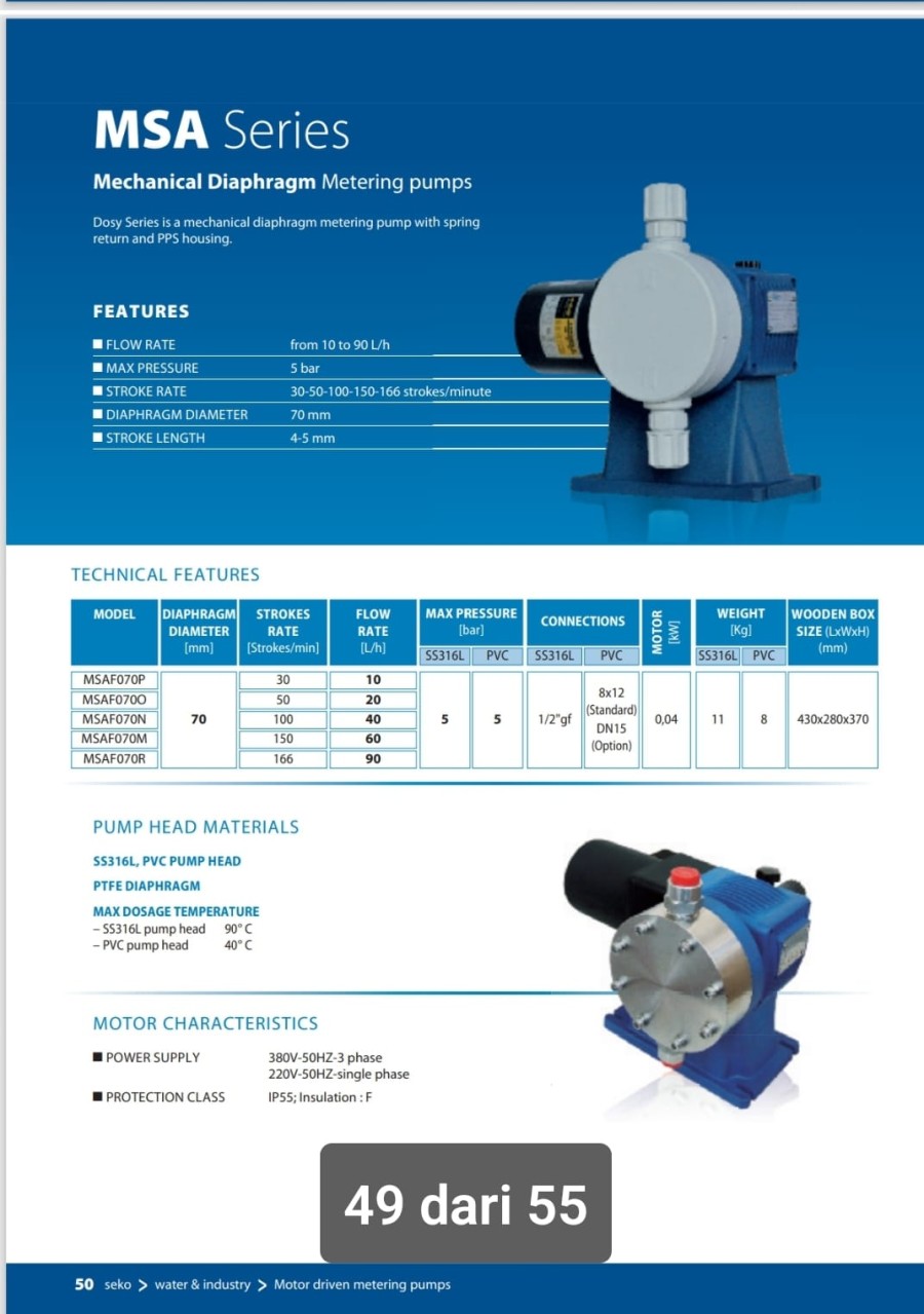 Seko Mechanical Diaphragm Matering Pompa MSAF070N31XT080